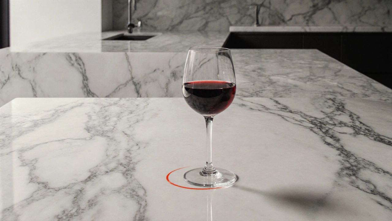 Elegant marble dining table with a red wine ring, highlighting luxury and maintenance needs.
