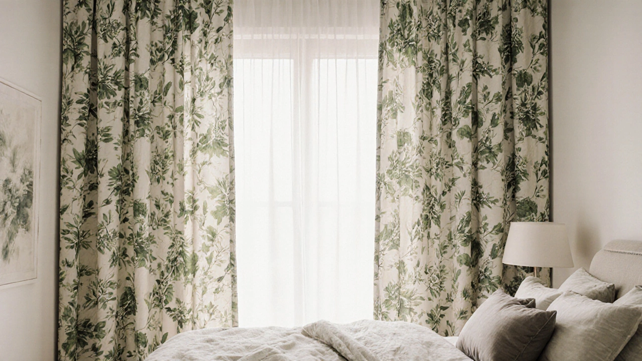 Faded botanical patterned curtains in a bedroom, gently filtering morning light through a serene space.