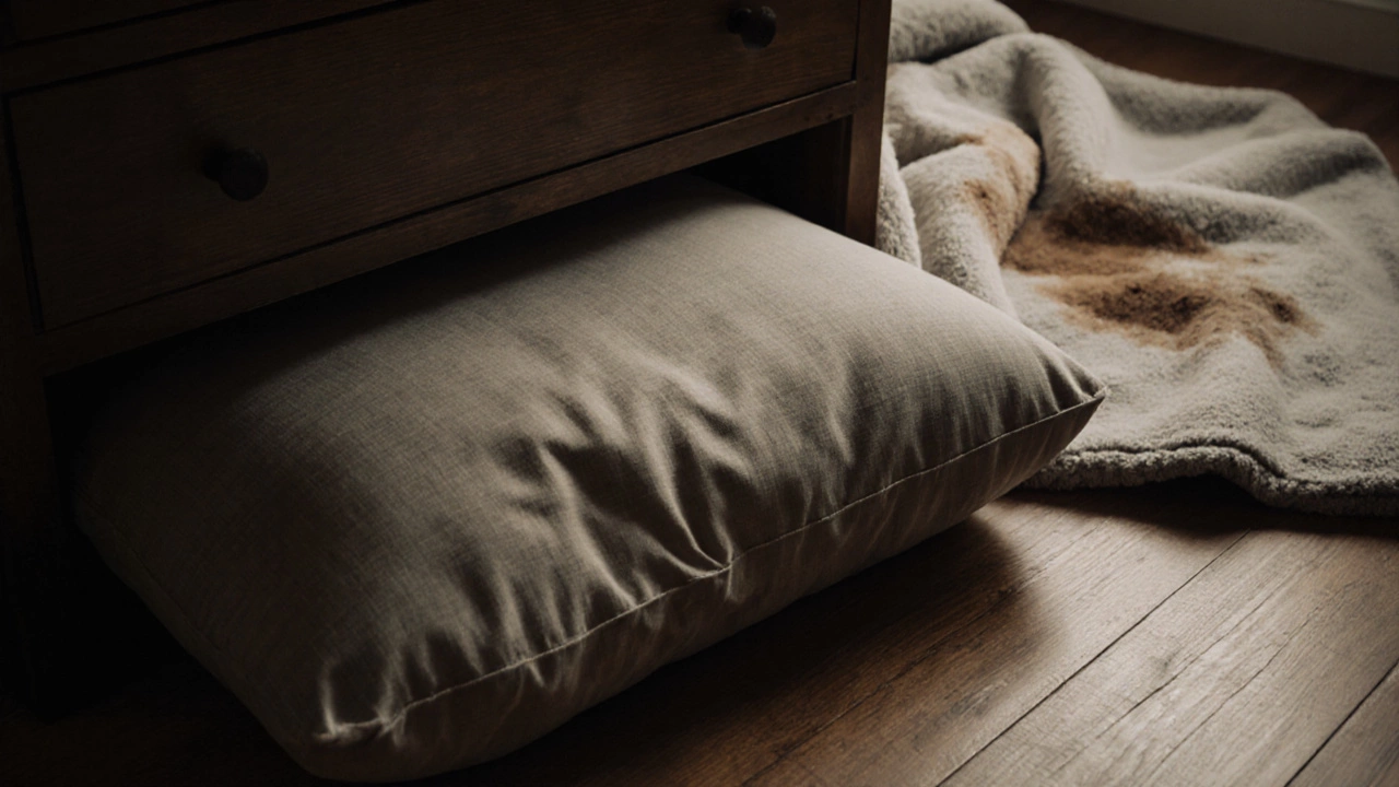 Flattened and damaged sofa cushion with creased fabric and uneven filling after a move.