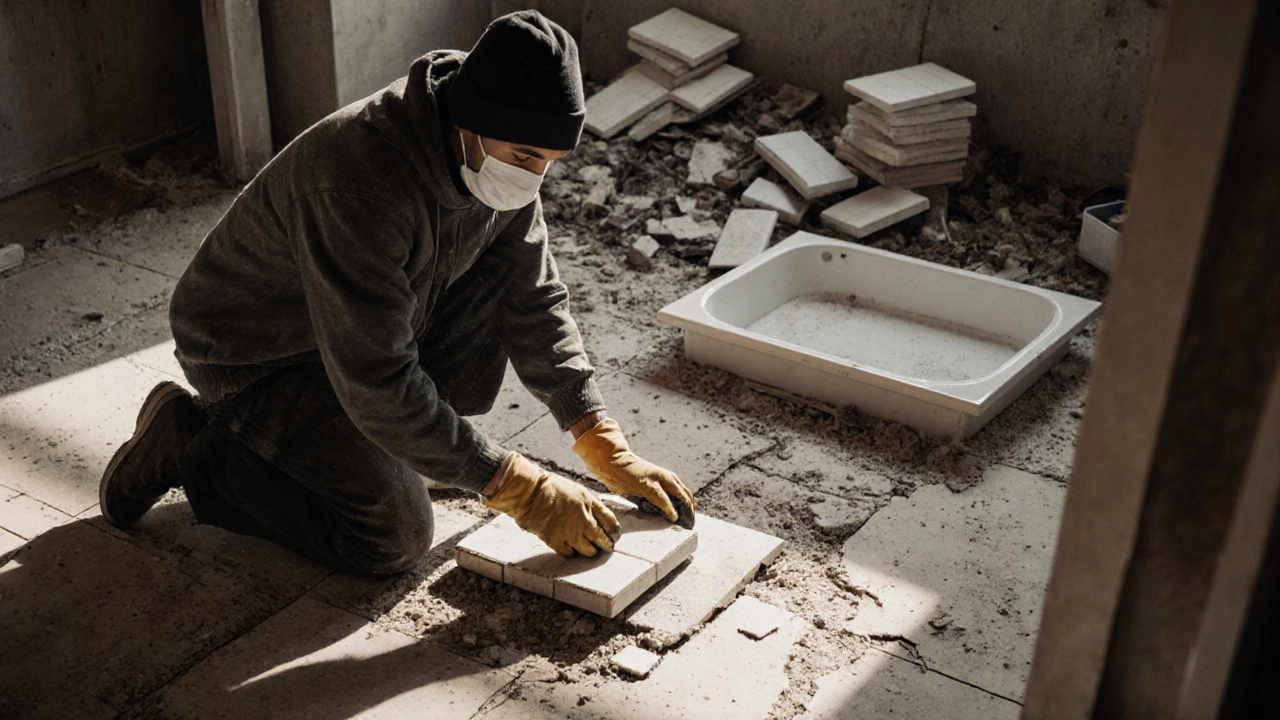 Homeowner removing old bathroom tiles during DIY demolition, wearing protective gear in a dusty workspace.