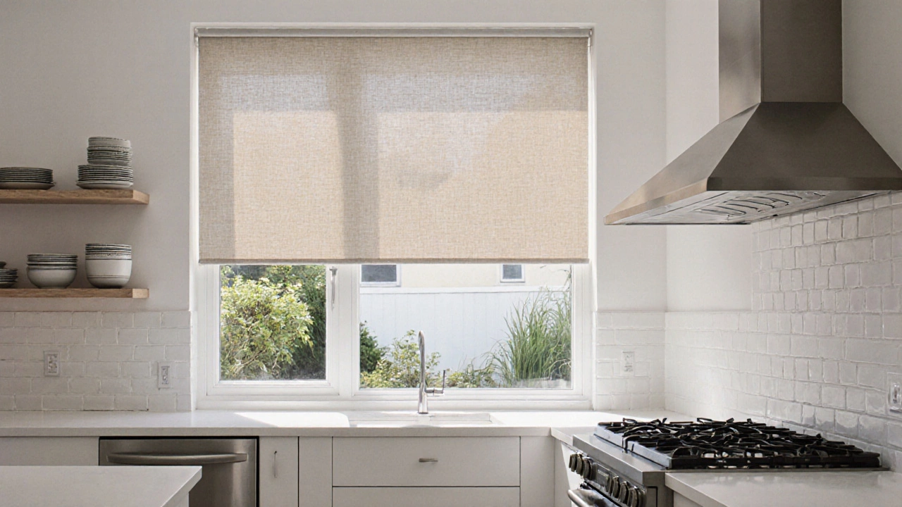 Minimalist kitchen with uncurtained windows and a thin linen shade, sunlight highlighting open shelving and appliances.