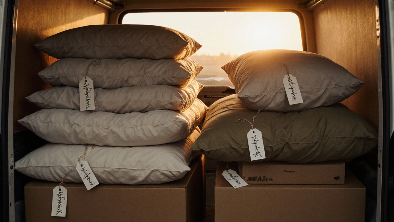 Sofa cushions labeled and packed on top of other items in a moving truck.