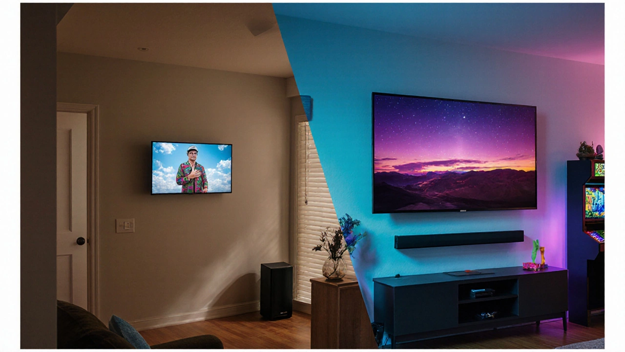 Split image comparing standard builder TV with personalized high-end TV setup in same living space.