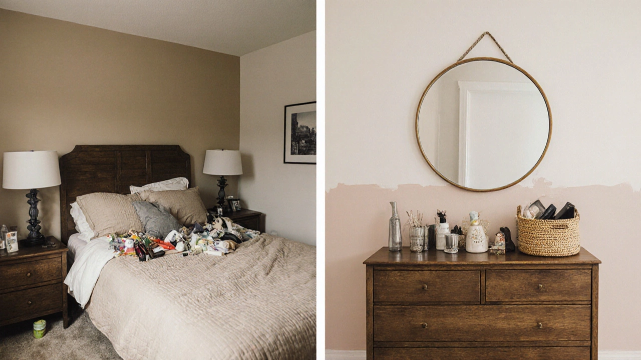 Split image showing a cluttered bedroom transformed into a minimalist, calming space with simple decor.
