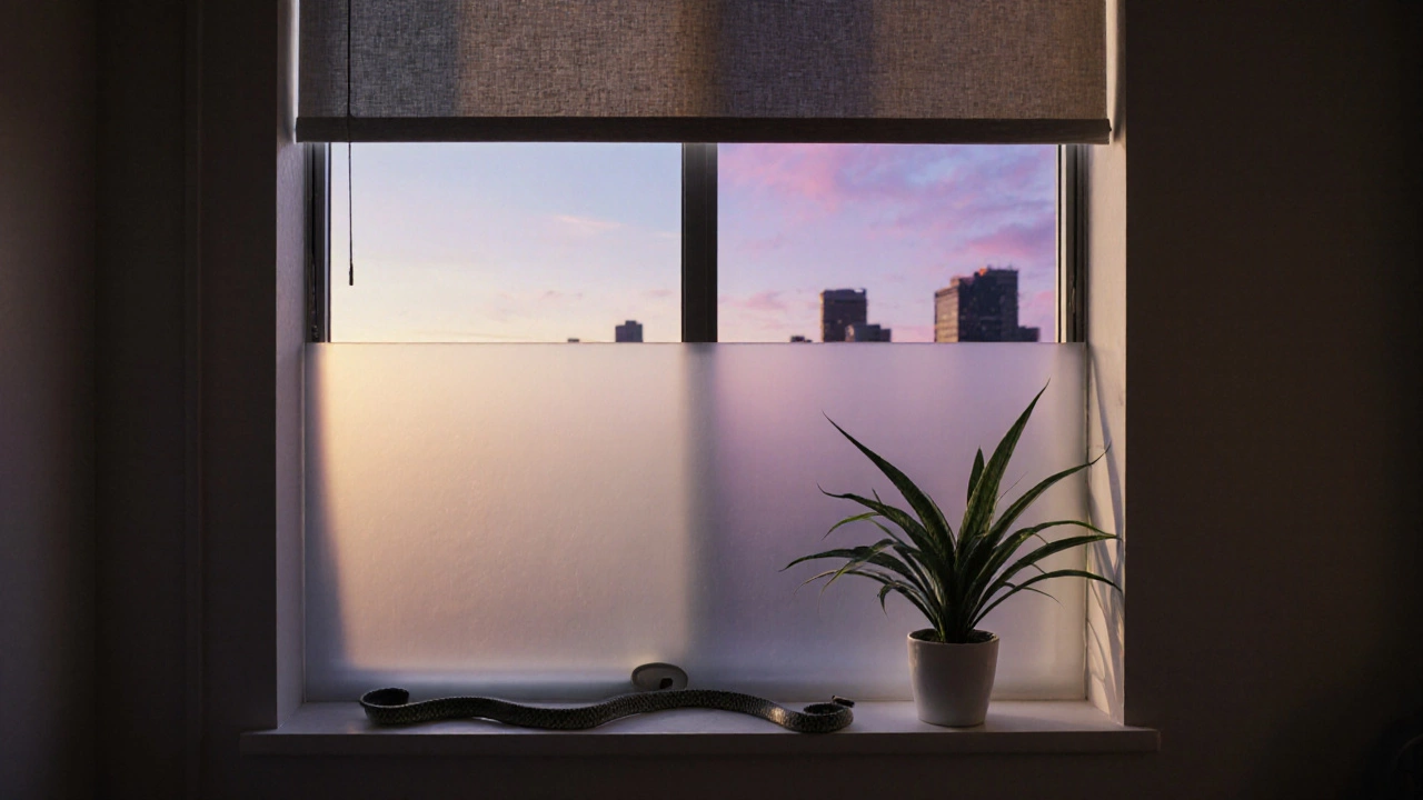 Studio apartment window with frosted lower panel and clear upper section, a plant casting shadows as twilight falls.