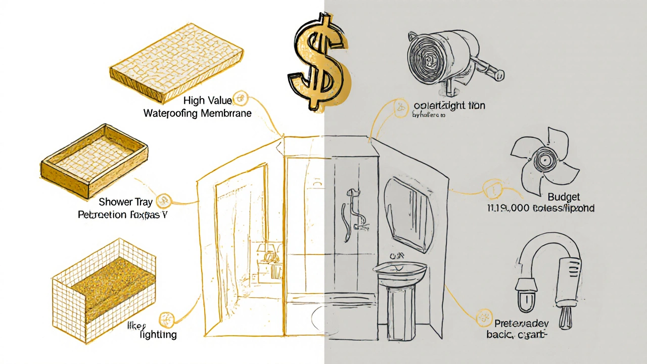 Visual budget breakdown showing essential vs. savings items in a bathroom renovation, with symbolic icons.