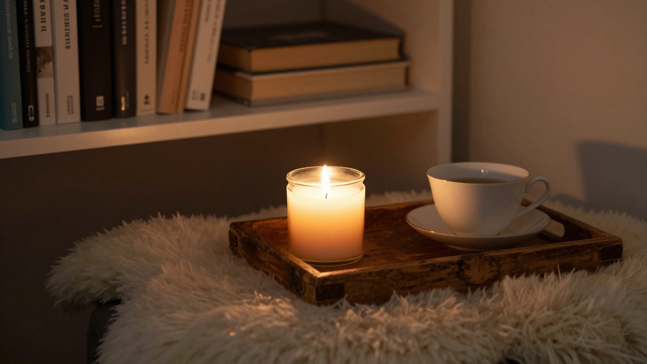 A close-up of a beeswax candle glowing beside a sheepskin rug and wooden tray with a teacup in a quiet corner.