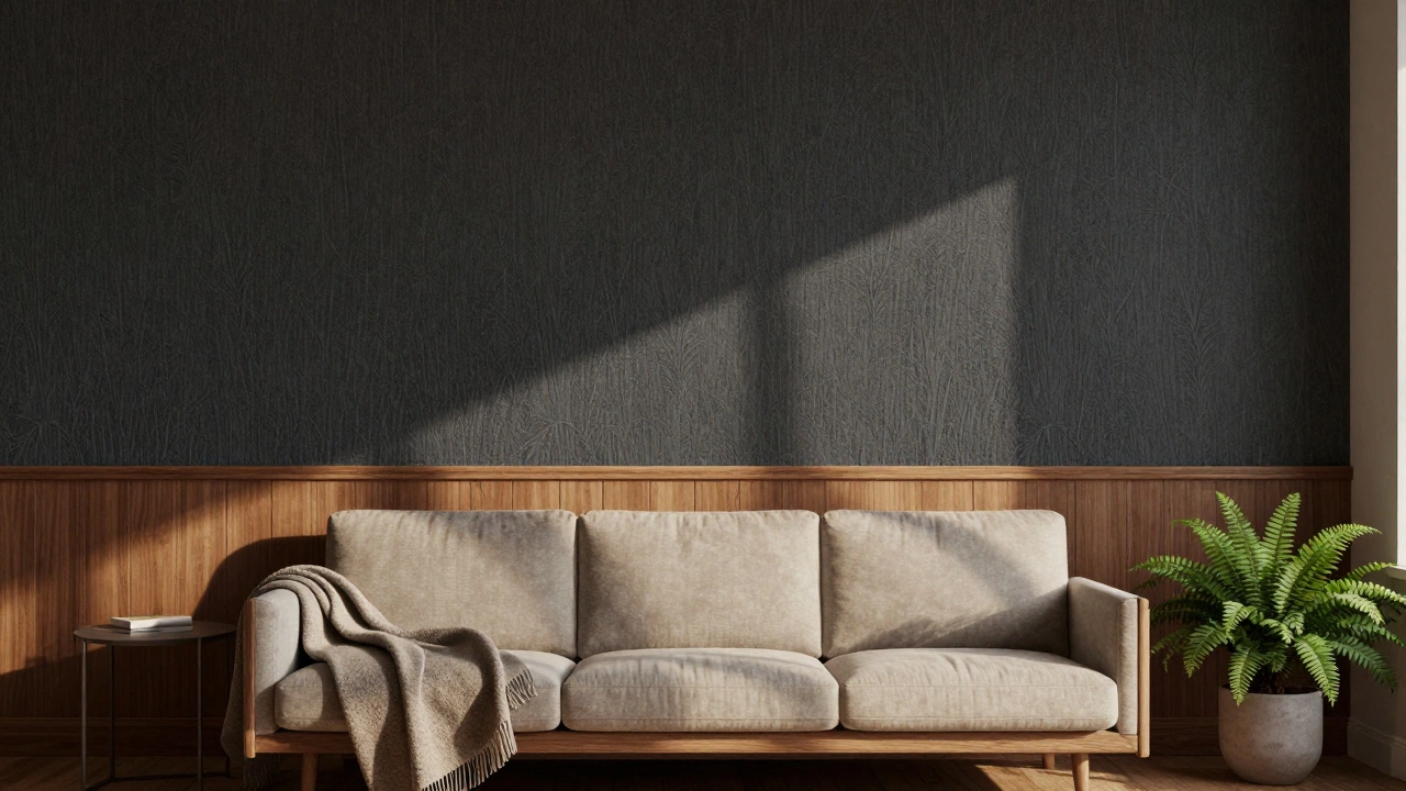A cozy living room featuring deep charcoal grass cloth wallpaper and warm wooden accents.