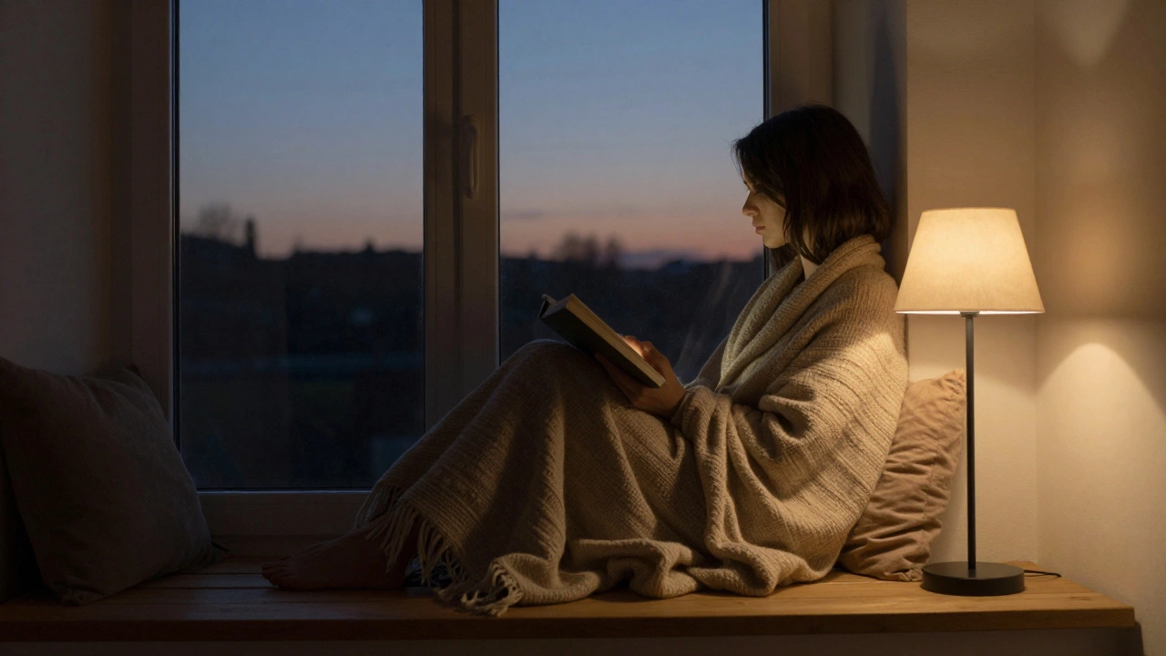 A person relaxed in a window nook under a wool blanket, reading by warm lamplight with no distractions.