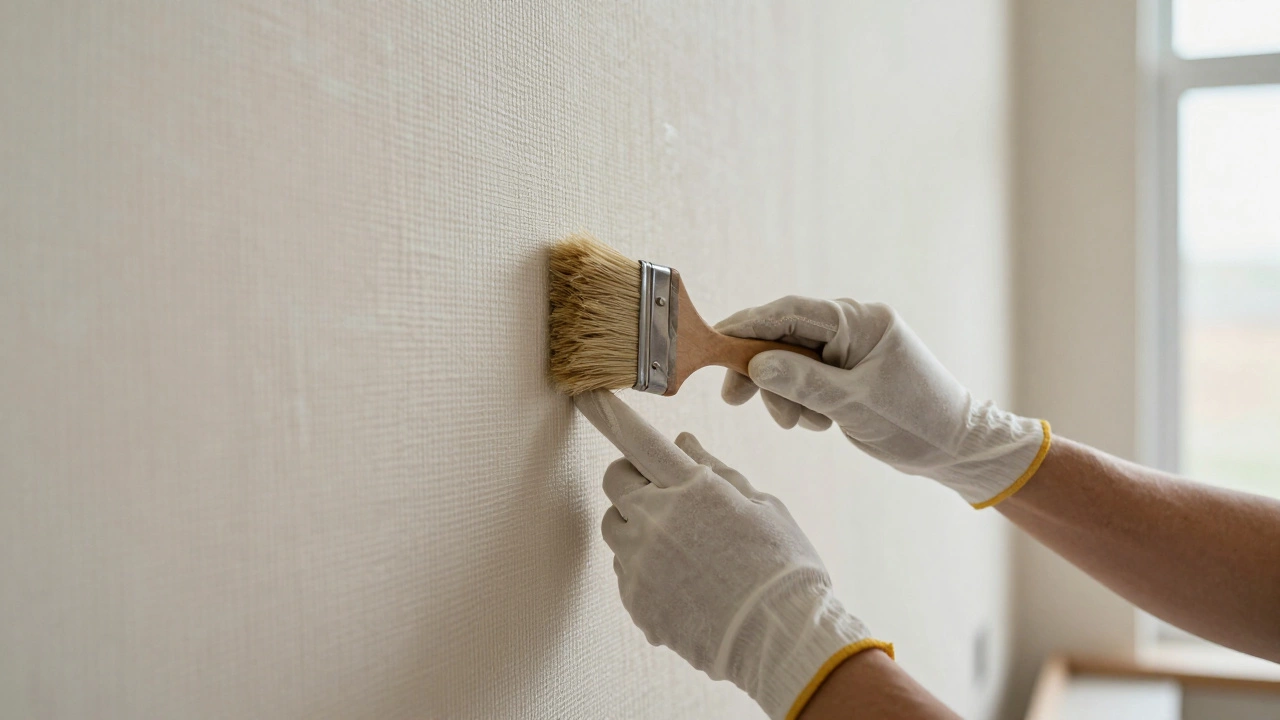 Close-up of hands professionally installing grass cloth wallpaper on a primed wall.