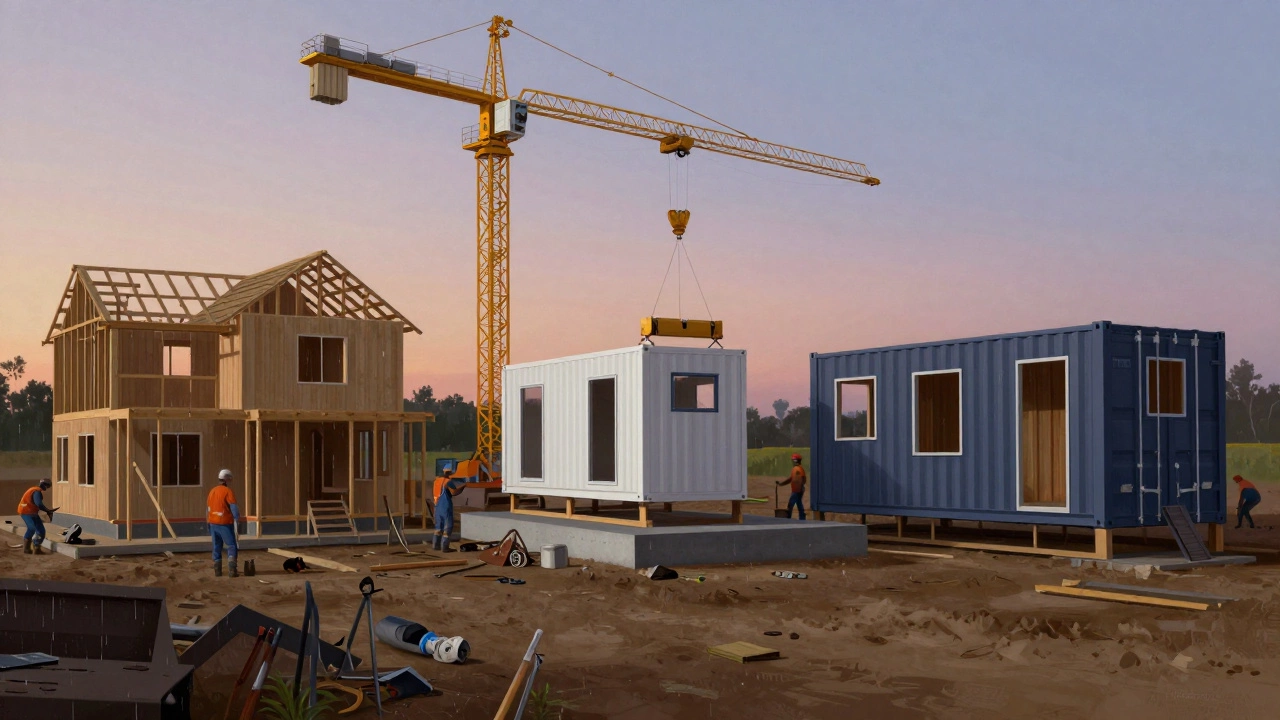 Contrasting three home-building methods: traditional, modular, and shipping container homes.