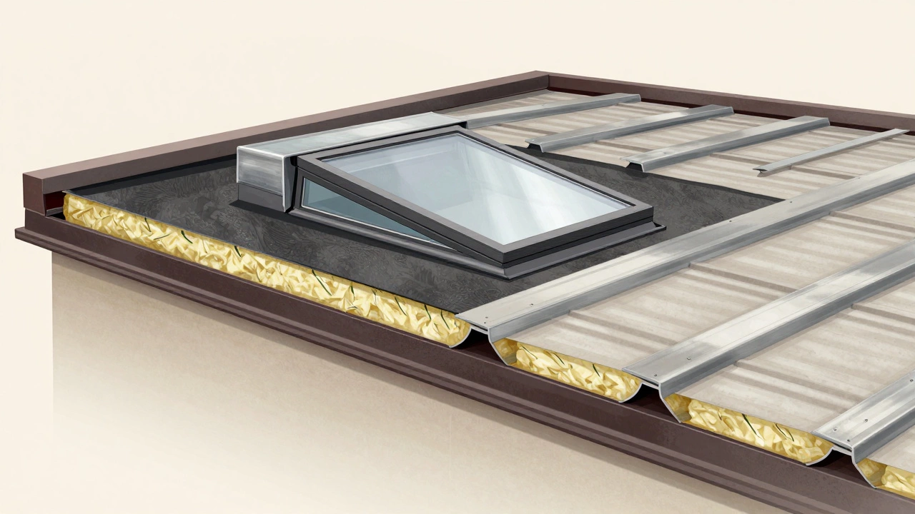 Cross-section diagram of a high-quality roof with ventilation, flashing, and premium steel sheets, layered in earth tones.
