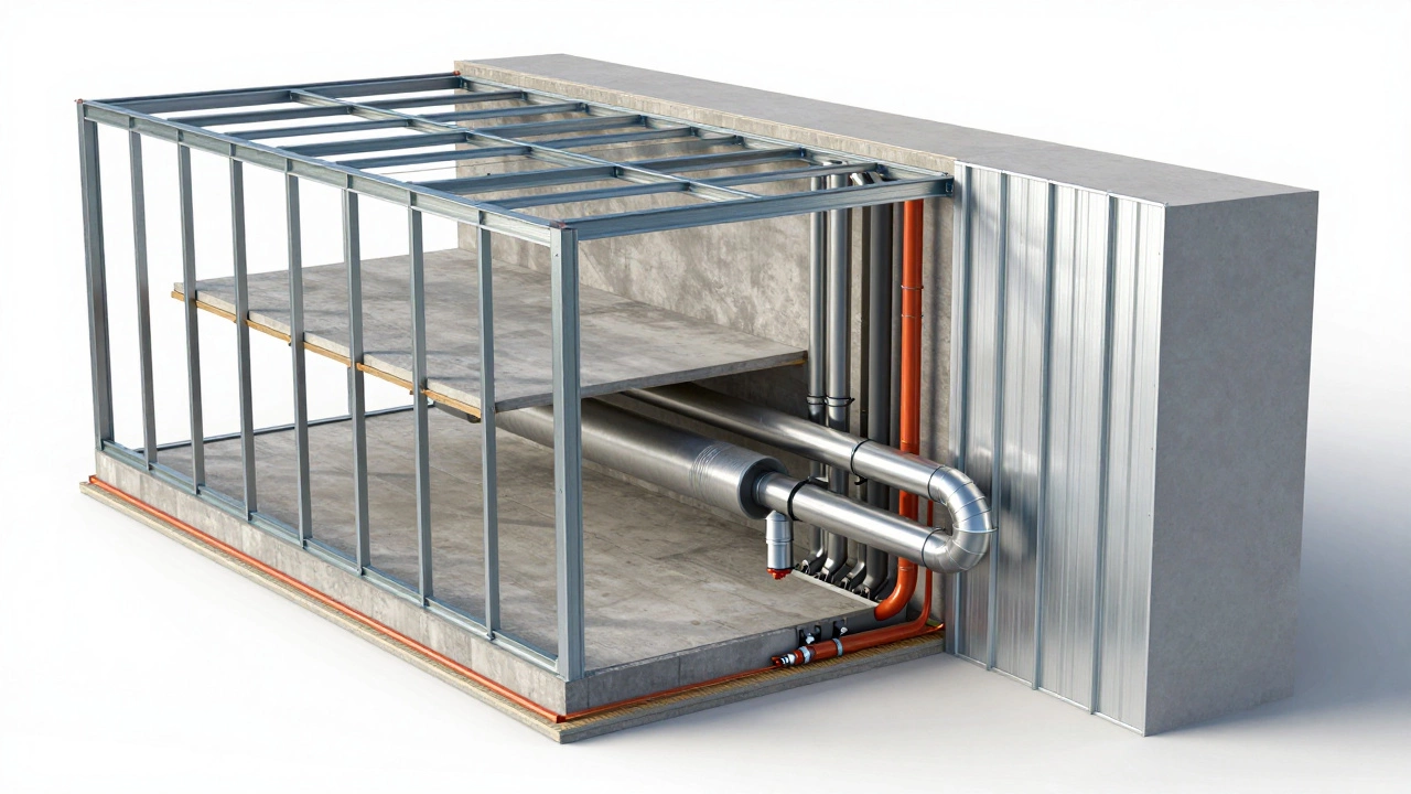 Cross-section diagram showing commercial building systems layered beside a simple home wall.