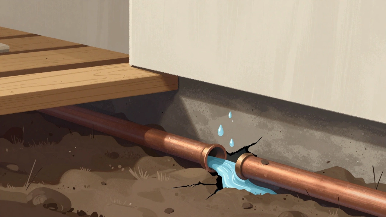Cross-section of a home foundation showing a leaking pipe corroding underground and water seeping upward into structural elements.