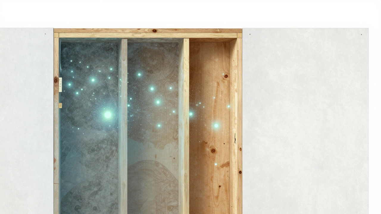 Cross-section of a wall showing moisture-saturated insulation and drifting mold spores inside.