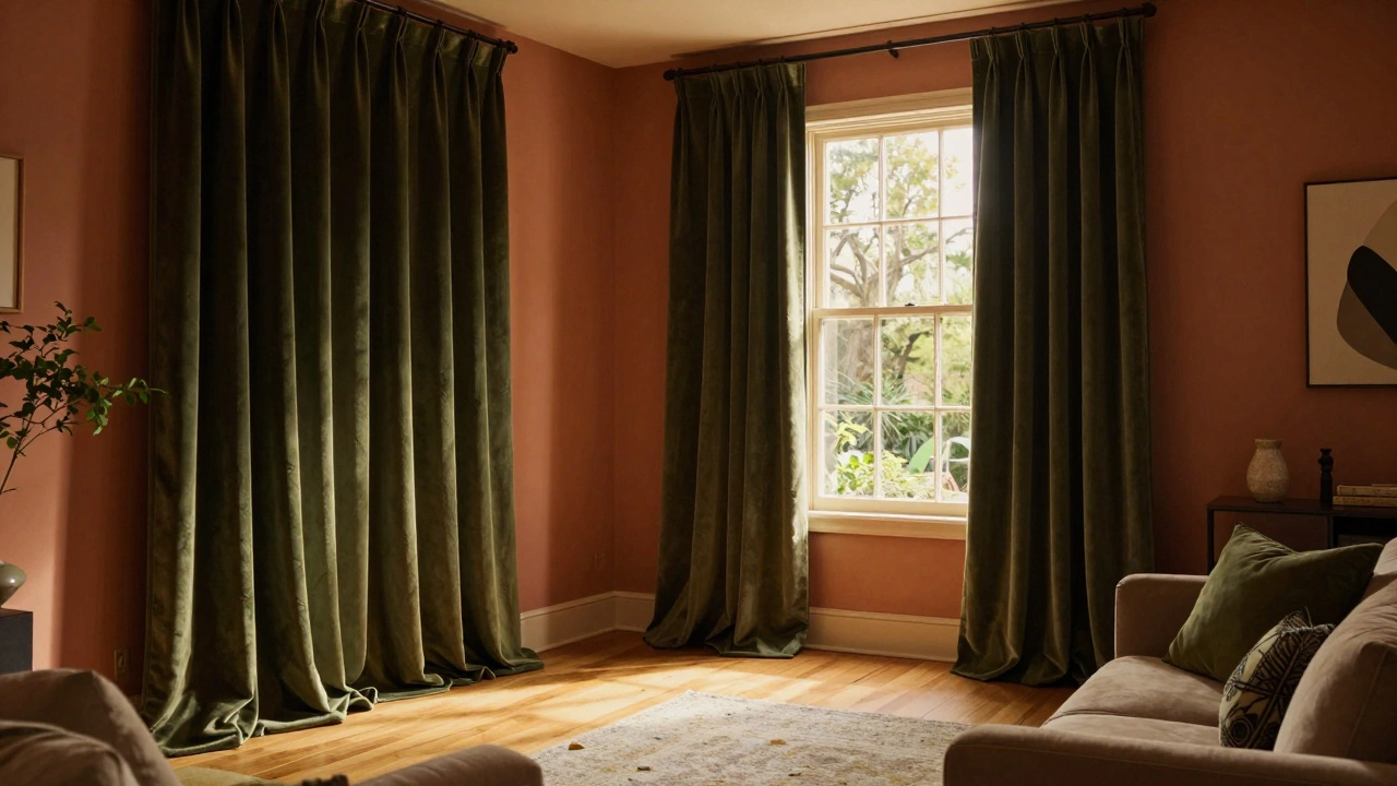 Deep olive green velvet curtains against warm terracotta walls, creating a cozy, inviting living room atmosphere.