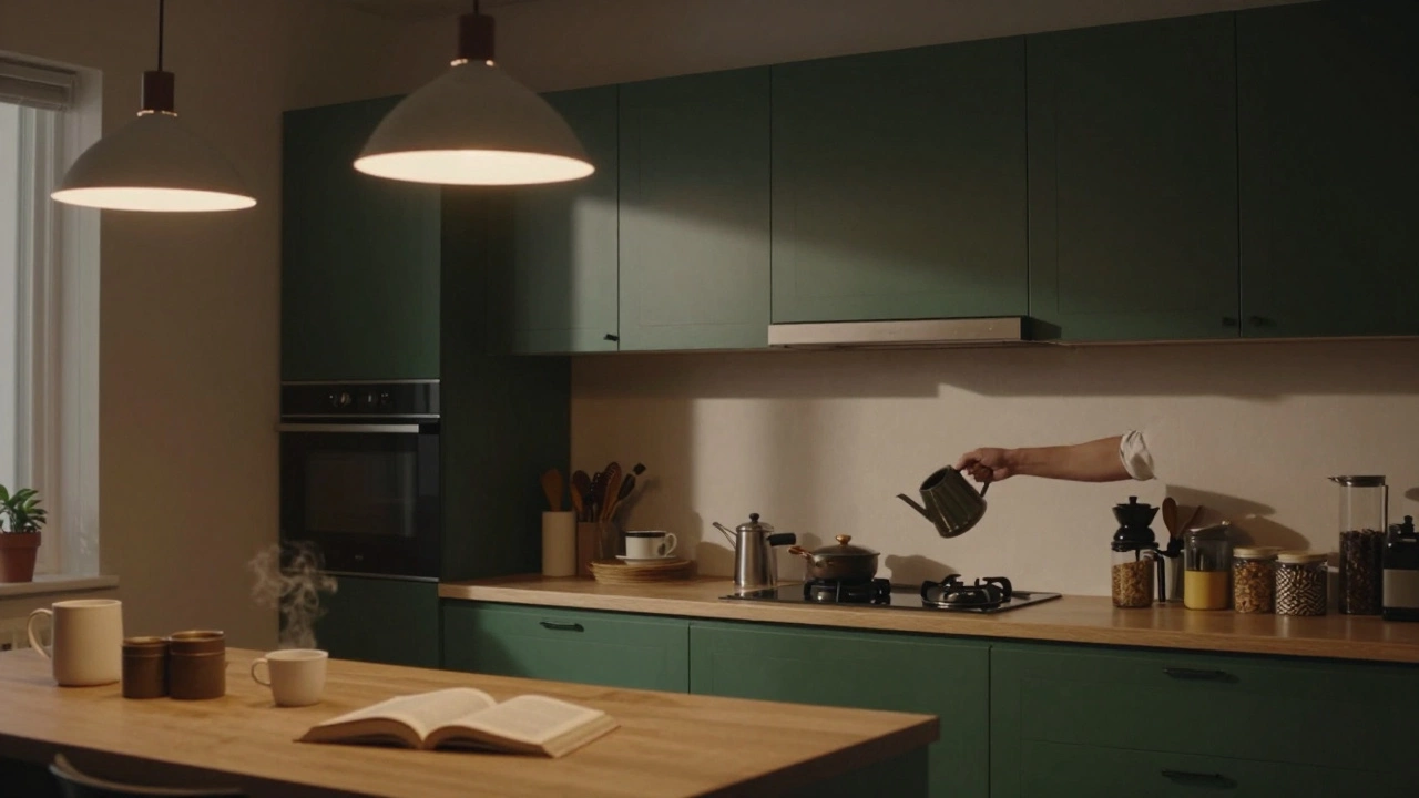 Evening kitchen with deep green cabinets glowing under warm lights, person pouring coffee.