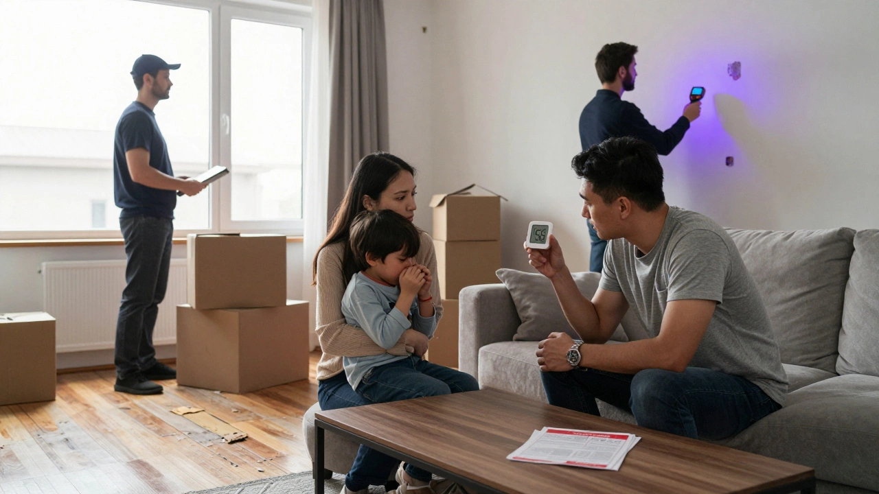 Family in new home with inspector using thermal camera to detect hidden mold behind a wall.