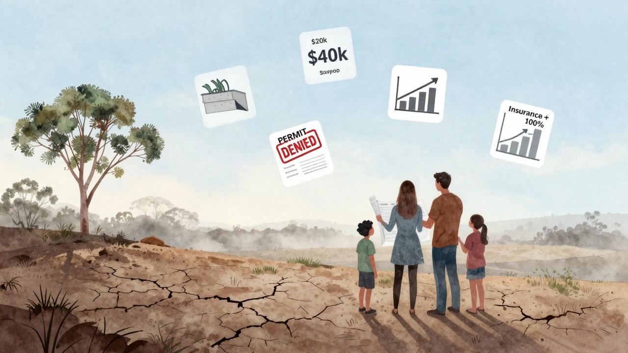 Family on sloping land with floating icons of hidden construction costs, dawn light, natural terrain.