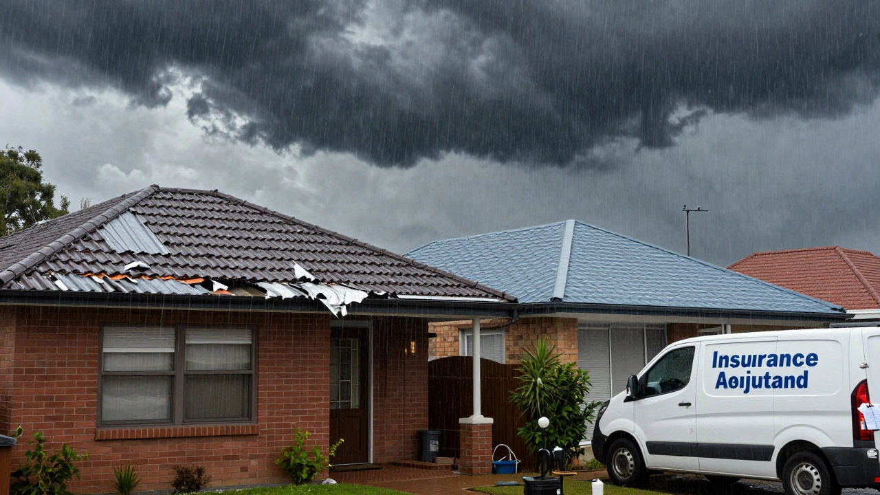 Hailstorm hits neighborhood: one roof damaged, adjacent home with new roof unharmed, insurance van parked nearby.