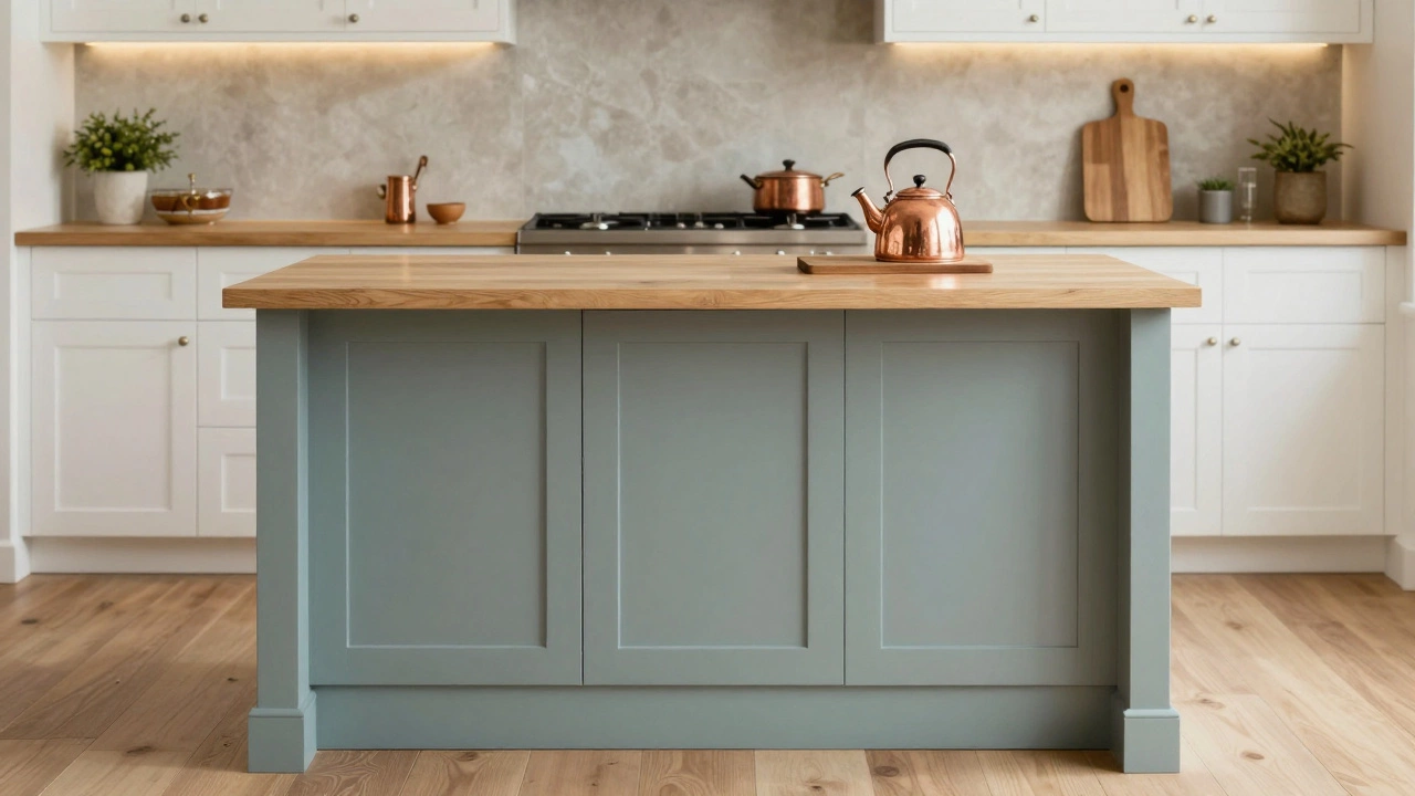 Island painted in forest green with copper kettle and warm LED lighting against white cabinets.