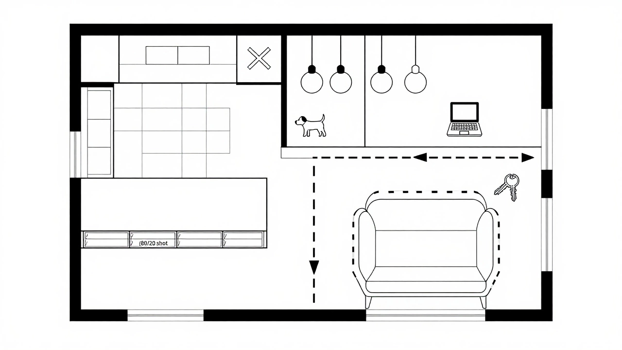 Minimalist floor plan with traffic arrows, vertical storage, and taped furniture outlines highlighting smart space use.