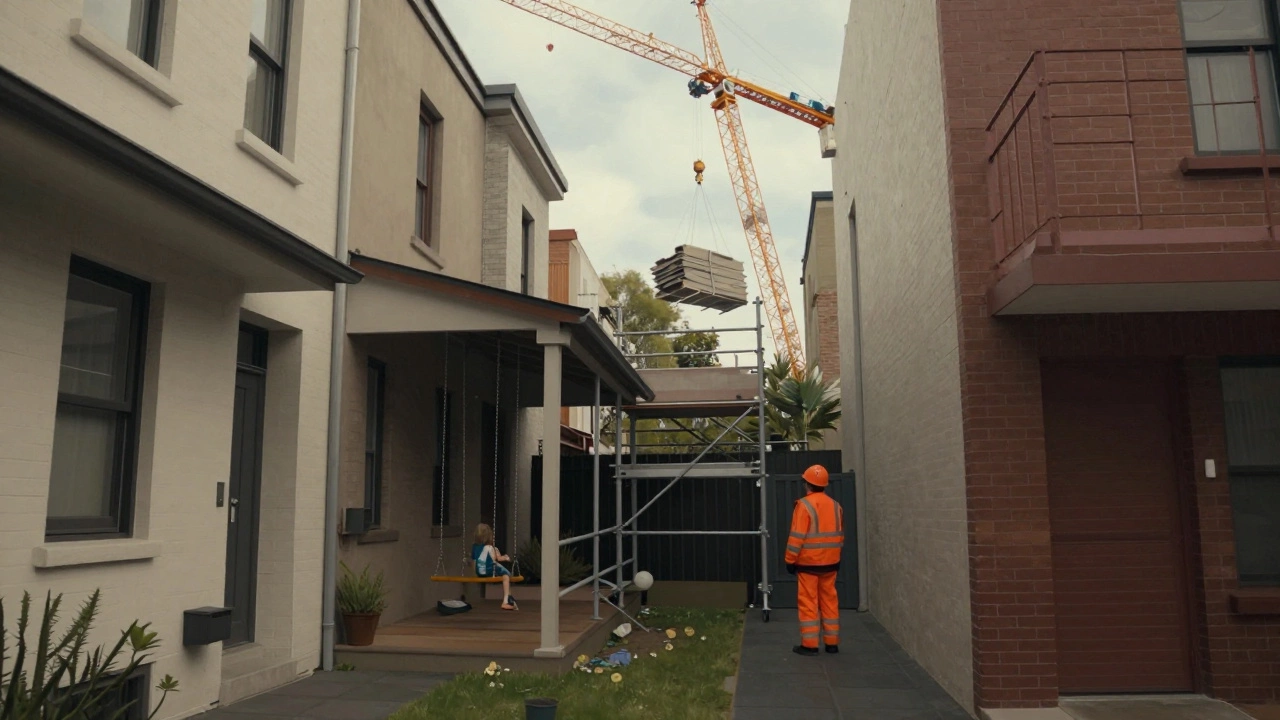 Narrow Melbourne terrace with side extension reducing small backyard space, construction equipment in tight space.
