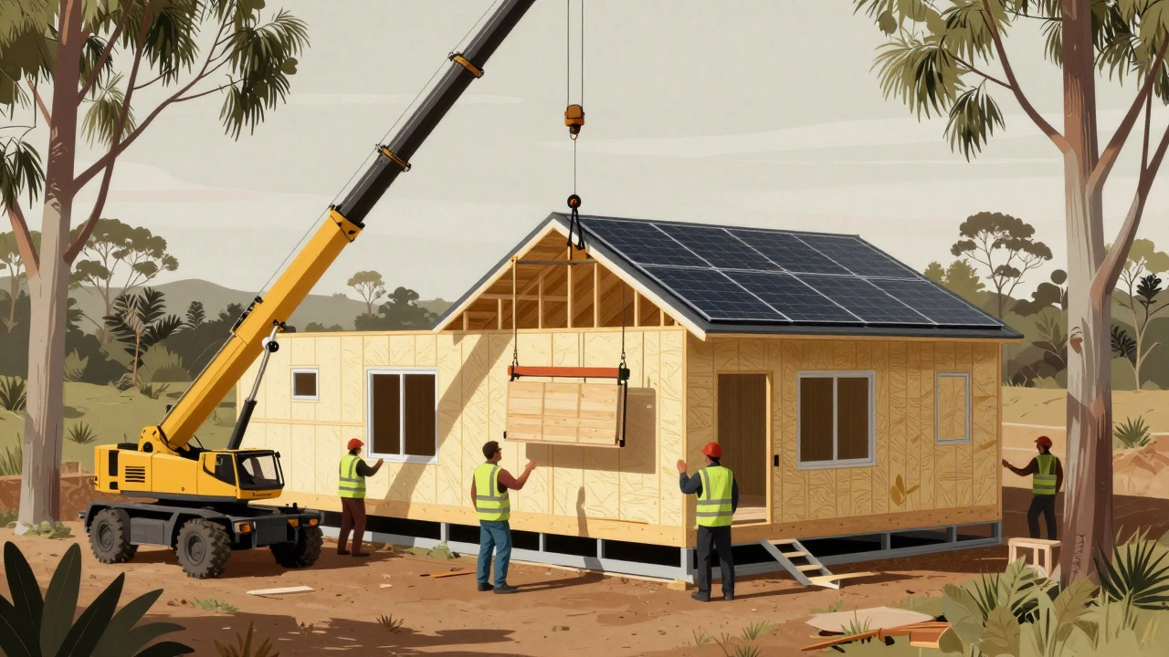 Prefab home panels being lifted into place by a crane on a quiet Australian property.
