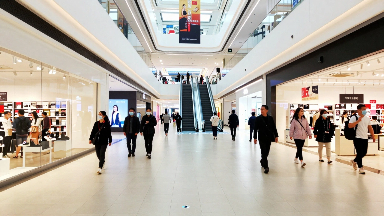 Spacious retail mall interior with bright lighting and shoppers walking through wide aisles.