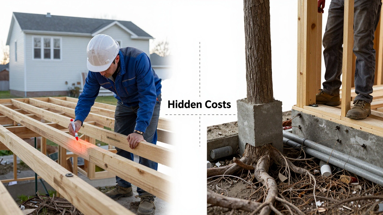 Split image showing structural inspection of old floor joists and new foundation work for home extension.