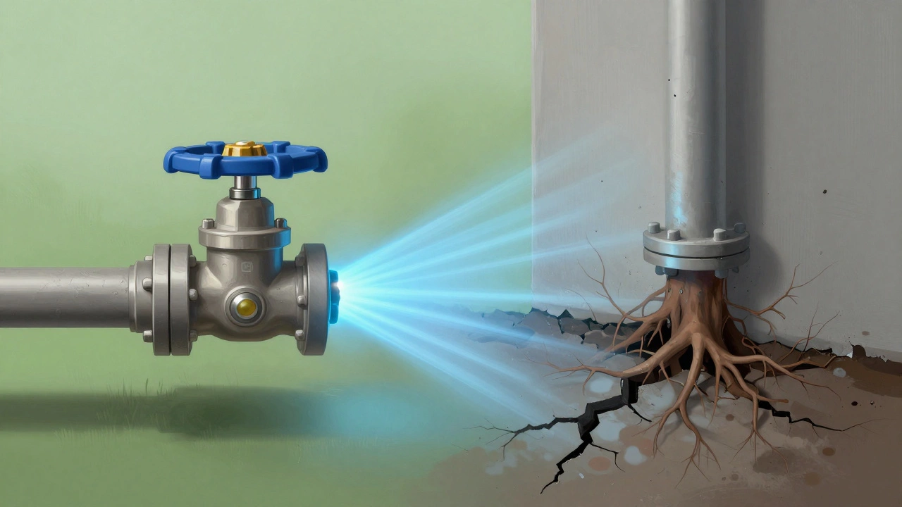 Split image: smart water valve shutting off a leak on one side, decaying pipes and foundation damage on the other.