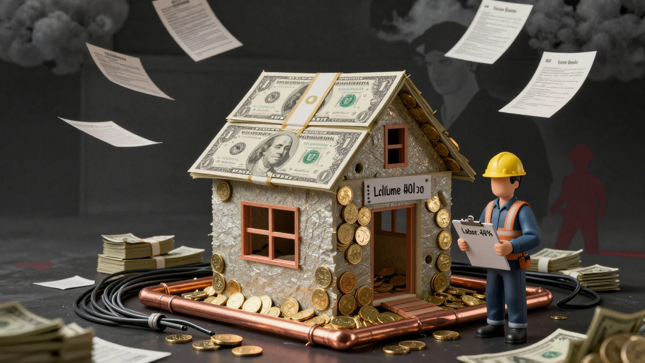 Surreal house built from money, copper pipes as coins, labor costs marked at 40%, shadowy builder looming.