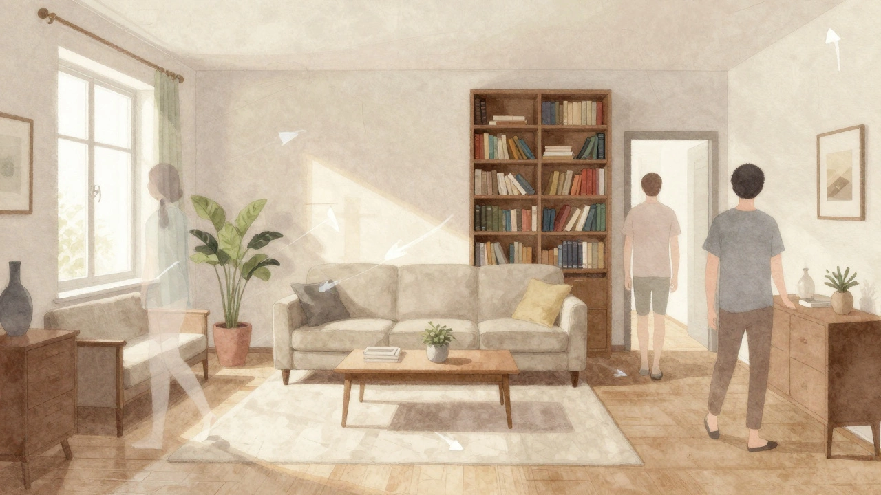 Watercolor illustration showing invisible human movement paths around optimally placed furniture in a living room.