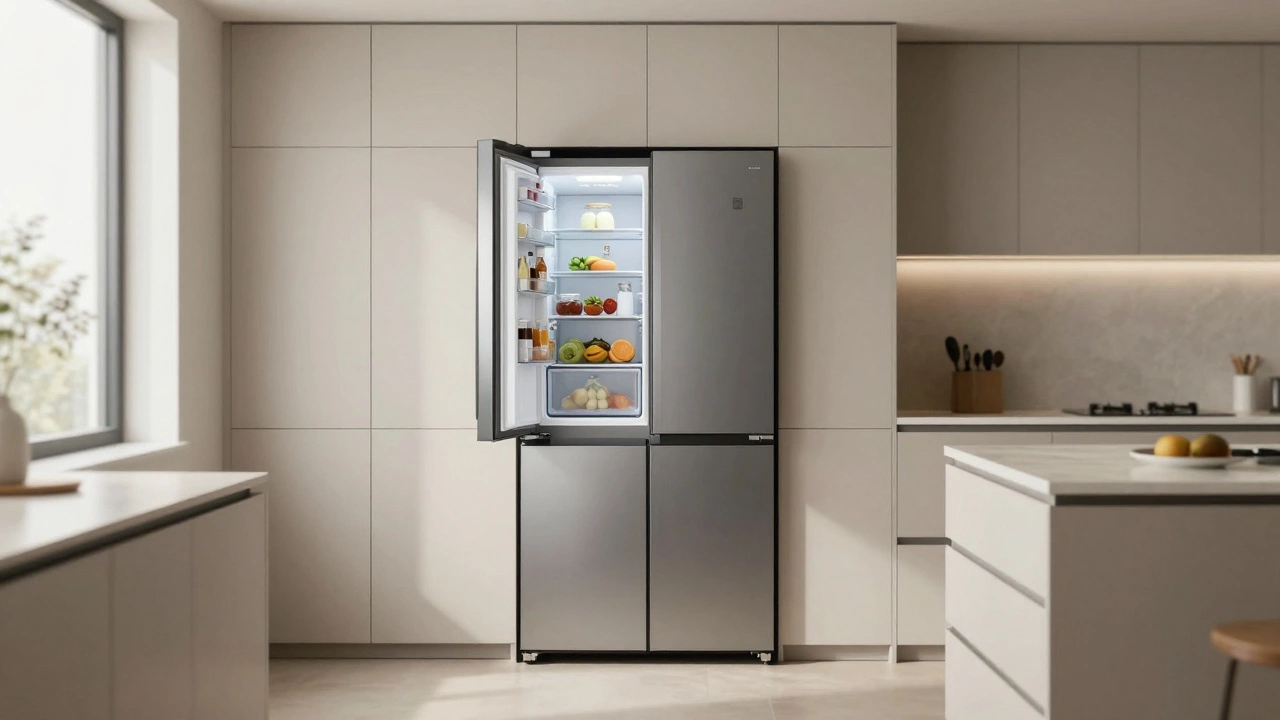 A counter-depth fridge nearly flush with cabinets, door open, clean and unobstructed kitchen flow.