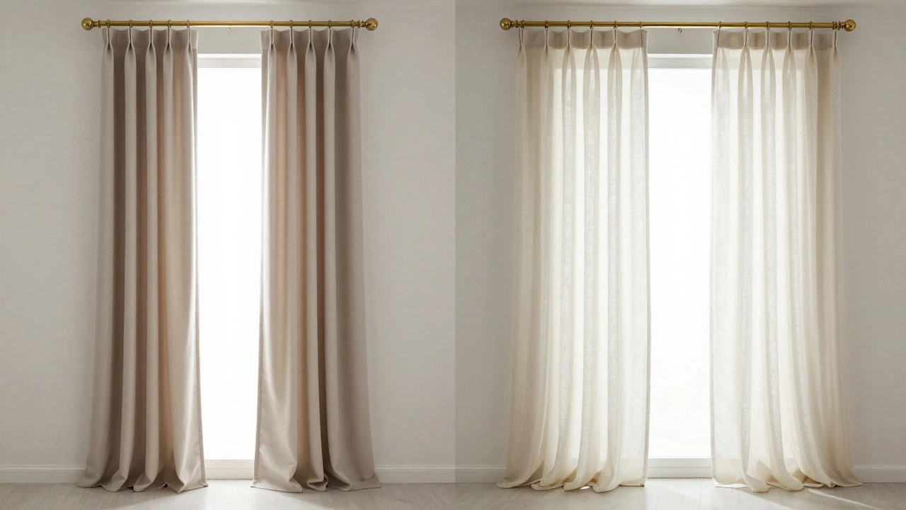 Before-and-after window: cheap curtains on left, transformed with high mounting and layered fabrics on right, showing luxury through detail.