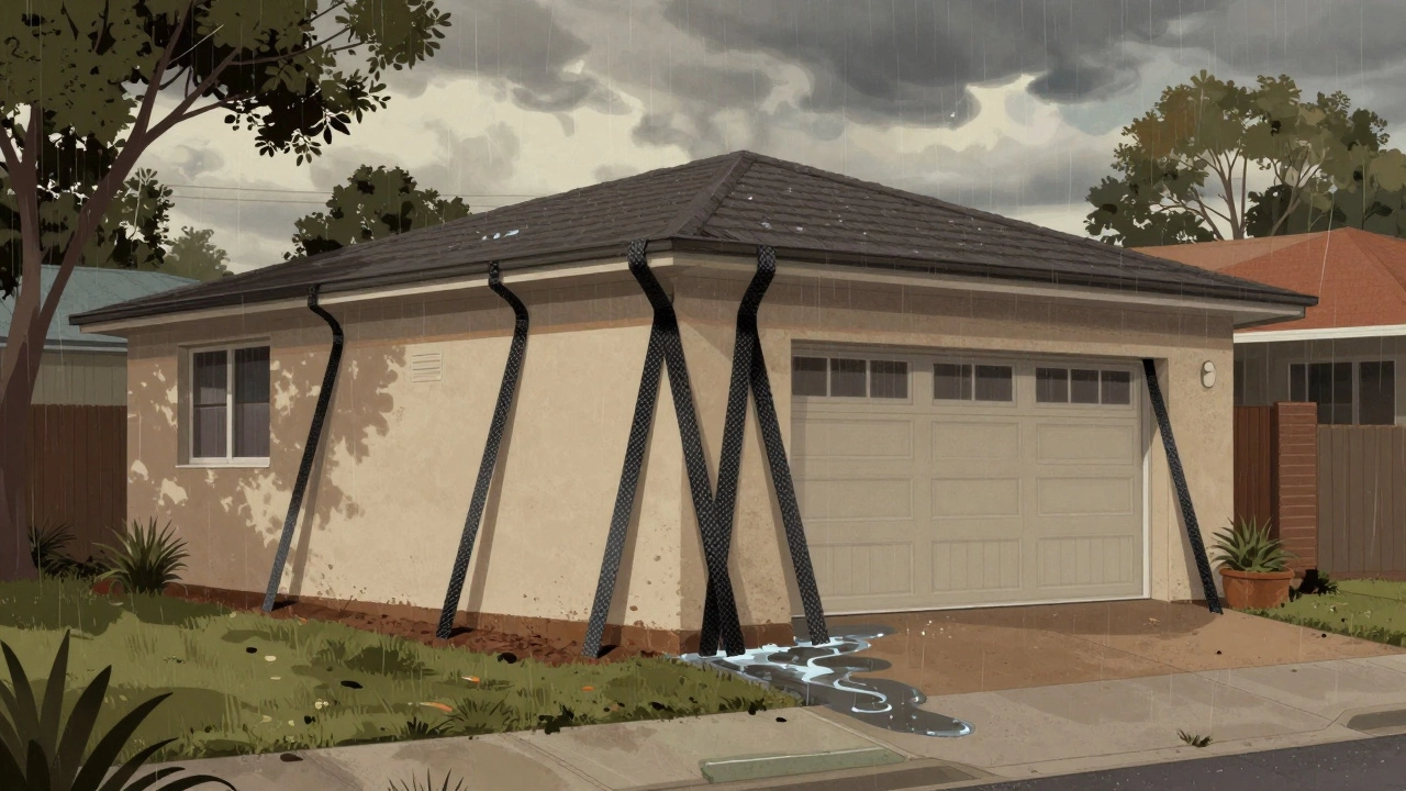 Bowed basement wall stabilized with carbon fiber straps, rain near foundation.