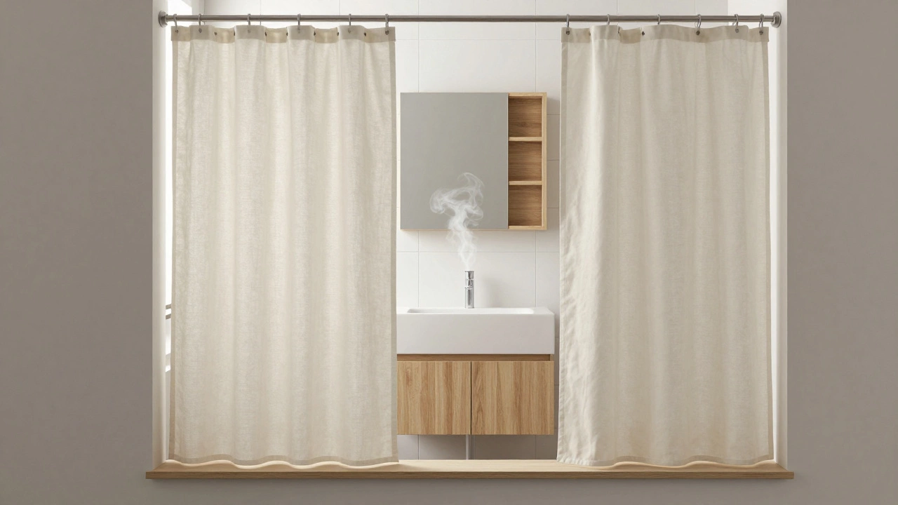 Cafe curtains at bathroom windowsill, leaving vanity and mirror fully visible.