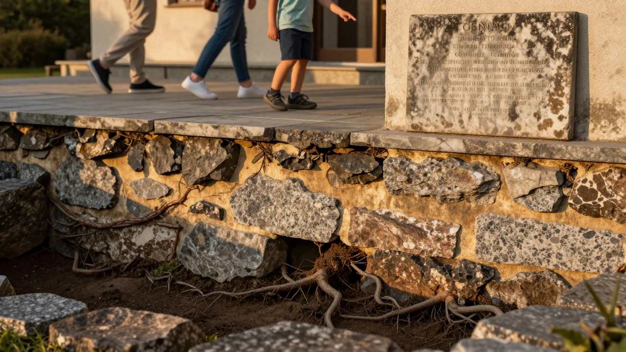 Cross-section of a 19th-century stone foundation with modern family above, showing centuries of endurance.