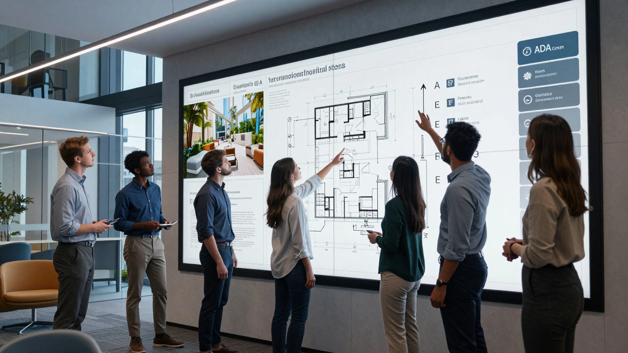 Design team reviewing healthcare renovation blueprints in a modern corporate office.