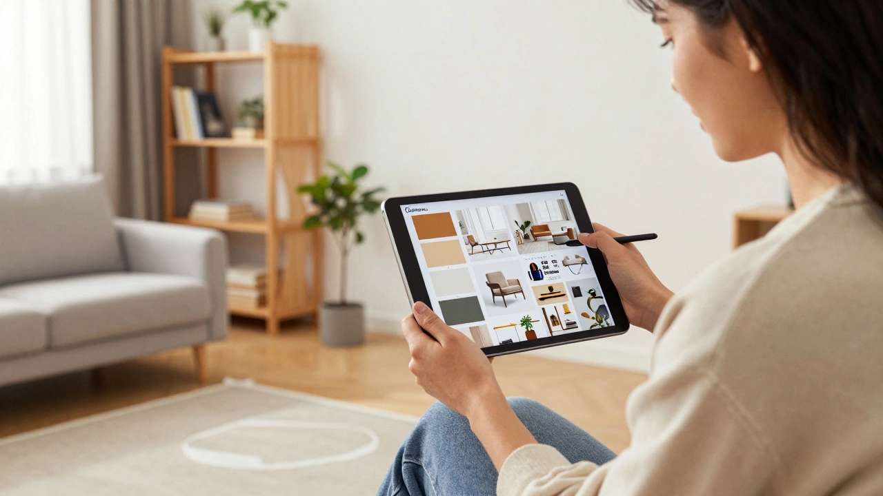 Designer showing a digital mood board to a client in a bright, minimalist living room with masking tape on the floor.