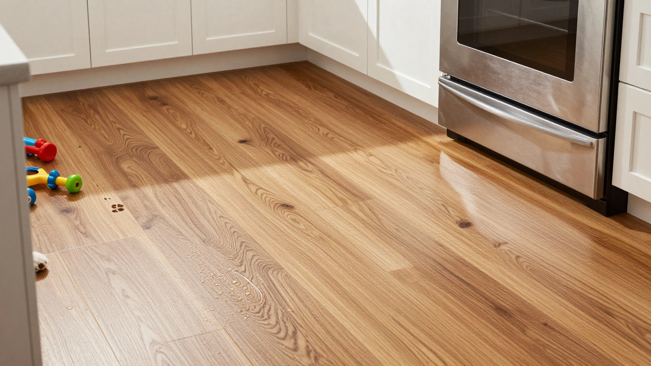 Kitchen with waterproof luxury vinyl plank flooring showing a wiped spill and pet paw print.