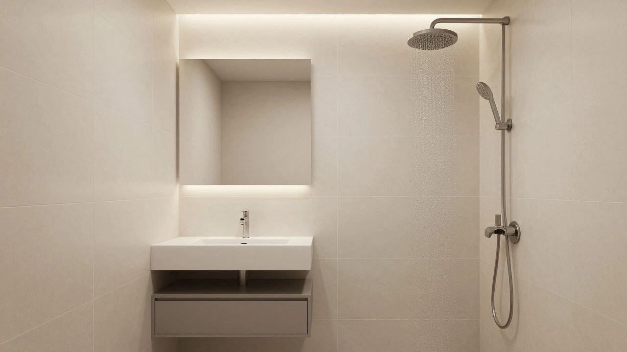 Modern small bathroom with large tiles, wall-mounted vanity, and rainfall showerhead.