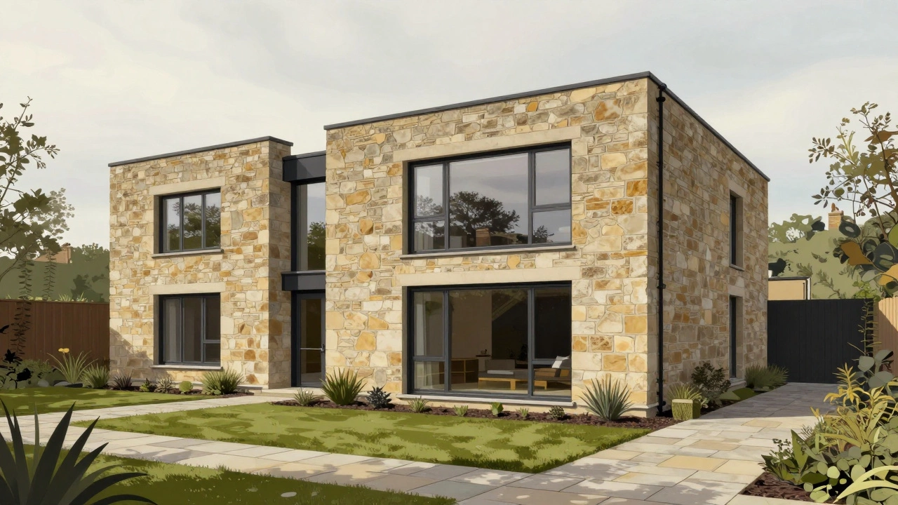 Modern UK home with limestone walls and large windows, blending traditional stone with contemporary design.