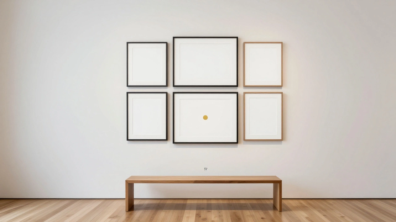 Overhead view of a balanced gallery wall with center marked at 57 inches.