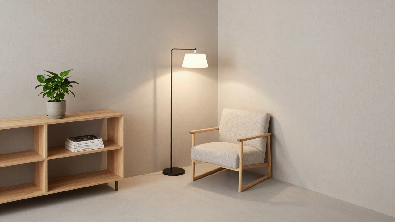Overhead view of a clean living room with open shelves, floor lamp, and clear walking space.
