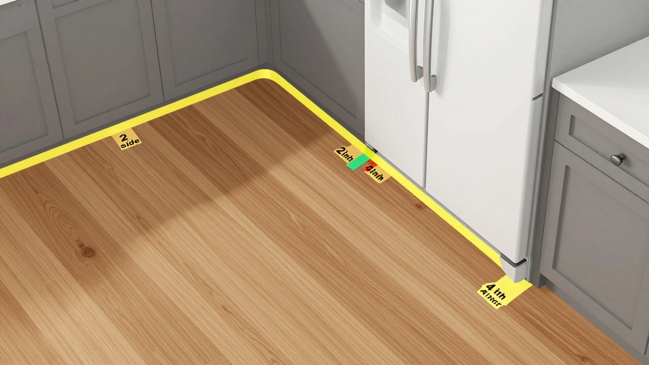 Overhead view of a fridge's door swing path intersecting nearby cabinets and walls.