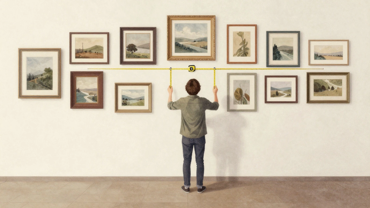 Person measuring wall art height with tape measure at eye level.
