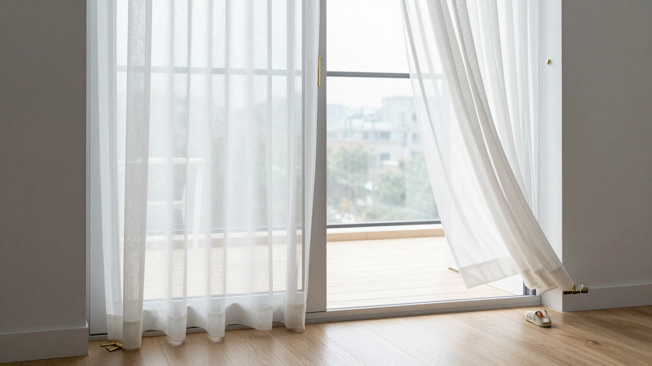 Sheer curtains held back from sliding door threshold, ensuring safe passage.