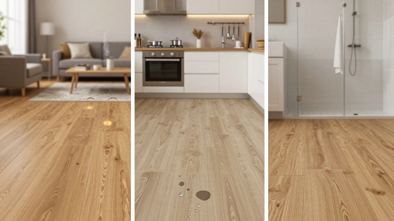 Side-by-side comparison of engineered wood, LVP, and wood-look tile in home settings.