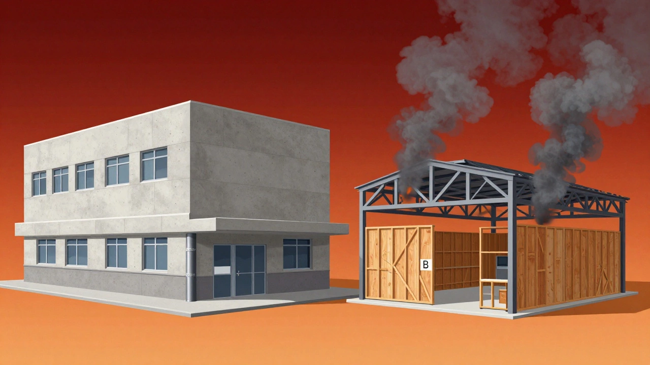 Split illustration comparing fire-resistant hospital construction versus moderate-risk retail building.